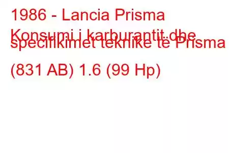 1986 - Lancia Prisma
Konsumi i karburantit dhe specifikimet teknike të Prisma (831 AB) 1.6 (99 Hp)