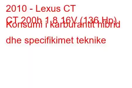 2010 - Lexus CT
CT 200h 1.8 16V (136 Hp) Konsumi i karburantit hibrid dhe specifikimet teknike