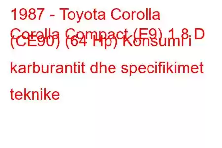 1987 - Toyota Corolla
Corolla Compact (E9) 1.8 D (CE90) (64 Hp) Konsumi i karburantit dhe specifikimet teknike