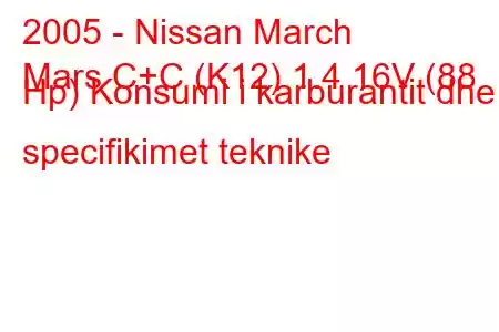 2005 - Nissan March
Mars C+C (K12) 1.4 16V (88 Hp) Konsumi i karburantit dhe specifikimet teknike