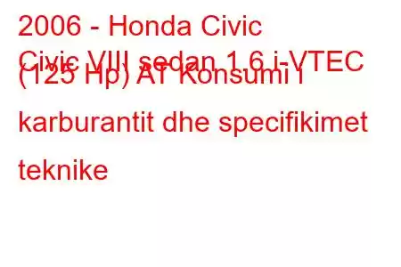 2006 - Honda Civic
Civic VIII sedan 1.6 i-VTEC (125 Hp) AT Konsumi i karburantit dhe specifikimet teknike