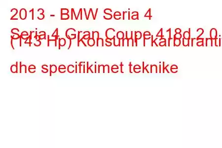 2013 - BMW Seria 4
Seria 4 Gran Coupe 418d 2.0 (143 Hp) Konsumi i karburantit dhe specifikimet teknike