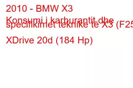 2010 - BMW X3
Konsumi i karburantit dhe specifikimet teknike të X3 (F25) XDrive 20d (184 Hp)