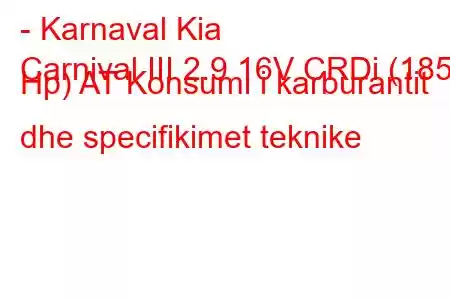 - Karnaval Kia
Carnival III 2.9 16V CRDi (185 Hp) AT Konsumi i karburantit dhe specifikimet teknike