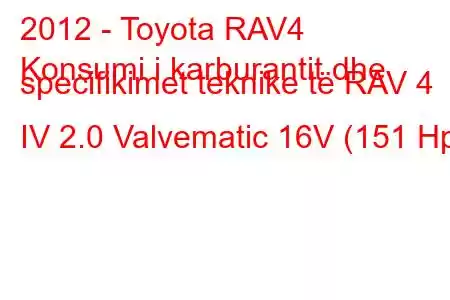 2012 - Toyota RAV4
Konsumi i karburantit dhe specifikimet teknike të RAV 4 IV 2.0 Valvematic 16V (151 Hp)