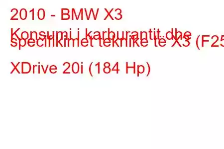 2010 - BMW X3
Konsumi i karburantit dhe specifikimet teknike të X3 (F25) XDrive 20i (184 Hp)