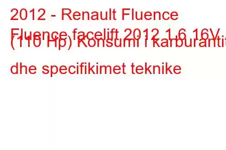 2012 - Renault Fluence
Fluence facelift 2012 1.6 16V (110 Hp) Konsumi i karburantit dhe specifikimet teknike