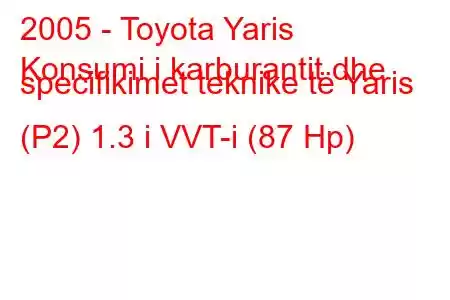 2005 - Toyota Yaris
Konsumi i karburantit dhe specifikimet teknike të Yaris (P2) 1.3 i VVT-i (87 Hp)