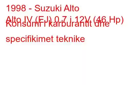 1998 - Suzuki Alto
Alto IV (EJ) 0.7 i 12V (46 Hp) Konsumi i karburantit dhe specifikimet teknike