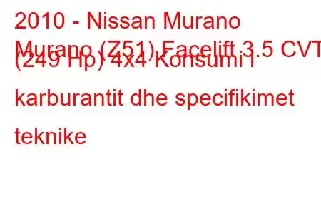 2010 - Nissan Murano
Murano (Z51) Facelift 3.5 CVT (249 Hp) 4x4 Konsumi i karburantit dhe specifikimet teknike