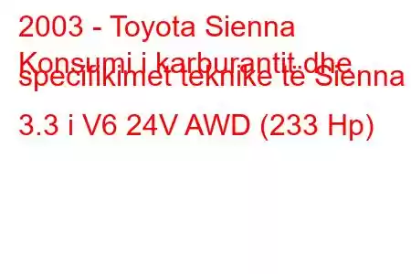 2003 - Toyota Sienna
Konsumi i karburantit dhe specifikimet teknike të Sienna II 3.3 i V6 24V AWD (233 Hp)