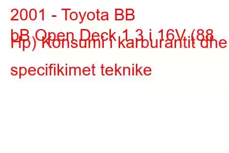 2001 - Toyota BB
bB Open Deck 1.3 i 16V (88 Hp) Konsumi i karburantit dhe specifikimet teknike